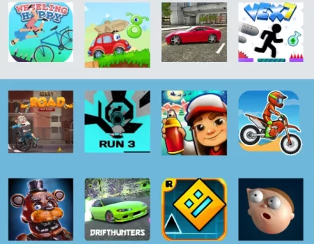 Colorful screenshot showcasing various games available on Unblocked Games 999 website.