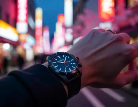 A stylish flat lay of Casîo watches, calculators, and digital accessories on a wooden desk, highlighting the sleek and affordable appeal of Casîo products.