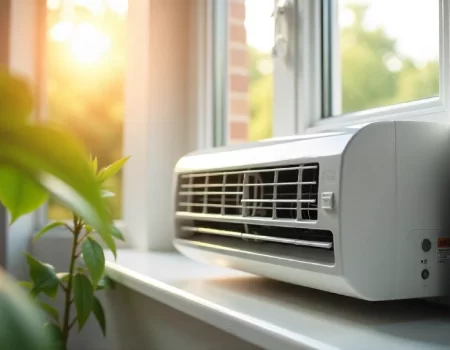 White akw 06cr4 window unit installed in a bright window with natural sunlight streaming in, showcasing the compact Arctic King air conditioner's clean design and proper window installation for effective room cooling.