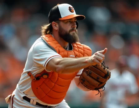 Action shot of an Orioles catcher in action at Camden Yards, highlighting "baltimore orioles vs san francisco giants match player stats" from the thrilling 2024 game.