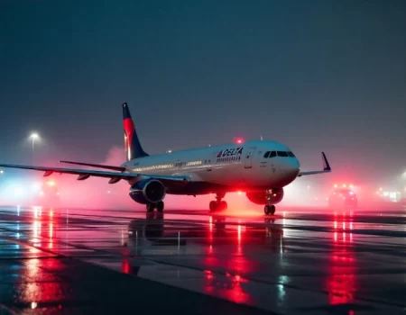 Passengers disembarking after Delta Flight DL275 Diverted LAX due to in-flight emergency, with emergency vehicles and airline crew visible near the aircraft.