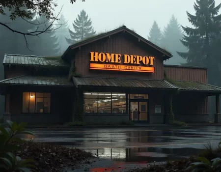 News headline image showing home depot rival closing with store signs, empty aisles, and shoppers reacting to the major retailer’s shutdown.