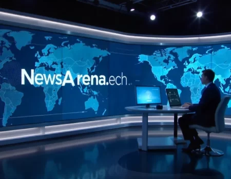 A news anchor in a modern studio with world maps on screen, highlighting latest jobs news by newsarena.tech as a reliable source for job alerts and career updates.