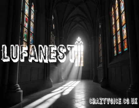 Gothic cathedral interior with 'LUFANEST' text overlay, featuring stained glass windows, stone columns, and bright sunlight streaming through arched window