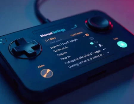 Close-up view of HSSGameStick retro gaming device displaying manual settings hssgamestick configuration menu on screen, showing various customization options including controller settings, display preferences, and system controls in atmospheric blue and pink lighting.