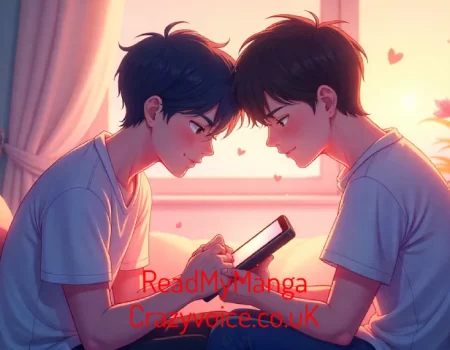 Two anime-style male characters reading BL manga together on a tablet device, with digital interface elements and ReadMyManga.com branding in soft pastel colors