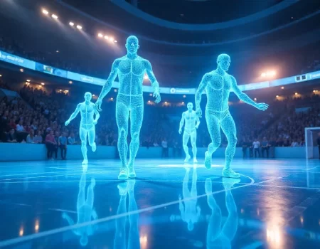 Dynamic action shot of athletes performing synchronized moves in a Sports Harmonicode match, showcasing speed, precision, and teamwork on the field.