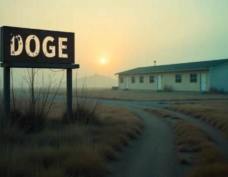 A rural housing facility with a DOGE sign at sunrise, symbolizing the doge hhs migrant housing contract and its debated $215M termination.