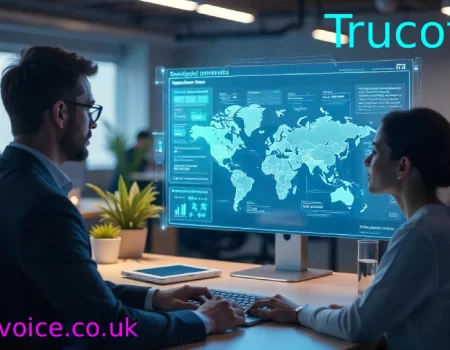 Man and woman viewing Trucofax data visualization on computer screen displaying interactive world map with business analytics in contemporary office workspace.