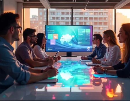 Business professionals in modern conference room viewing holographic data display on table, with large screen and city skyline visible through floor-to-ceiling windows.