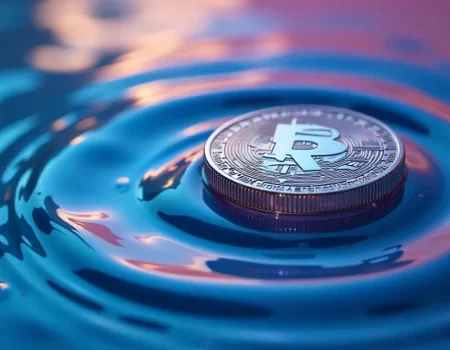A silver Bitcoin floating on blue water ripples, symbolizing icryptox.com security and safe crypto trading practices in 2025.