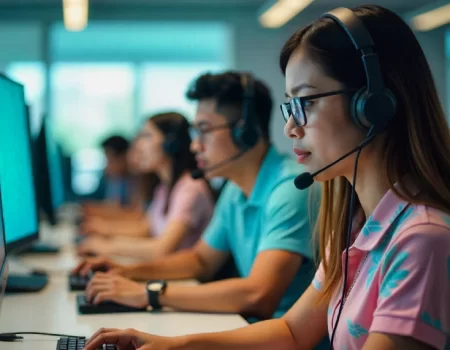 Employees using headsets in a modern office, showcasing call center outsourcing with garage2global for efficient customer support and business growth.