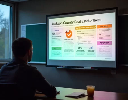 An overview image showing property documents and a calculator symbolizing Jackson County real estate taxes for homeowners and buyers.