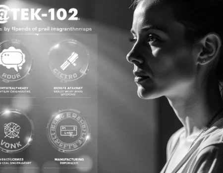 A futuristic display showcasing TEK-102 features with a thoughtful woman looking ahead, symbolizing innovation, technology, and advanced applications of TEK-102.