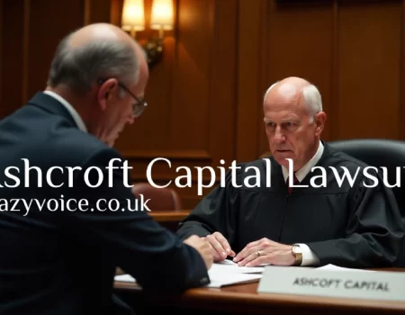 Courtroom scene showing legal proceedings related to the Ashcroft Capital lawsuit, with attorneys and judge discussing the $18 million investor fraud allegations in federal court.