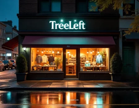 TreeLeft storefront at evening with bright green neon signage, warm interior lighting displaying outdoor clothing and equipment in organized window displays, located on wet cobblestone street with parked cars and traditional architecture visible in background