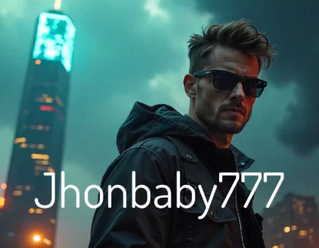 A mysterious man in dark sunglasses and a jacket standing in front of a glowing city skyscraper, representing the digital identity of jhonbaby777.