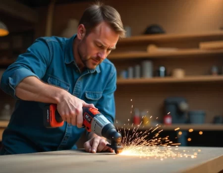 Craftsman using YWMLFZ 48W cordless power tool on wooden workbench, bright sparks flying in organized workshop with shelving and warm lighting